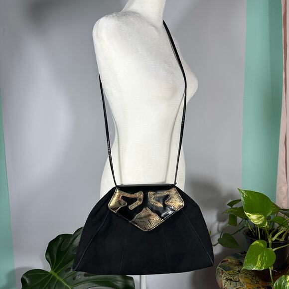 Vintage 1980s Jasmin Hong Kong Suede Snakeskin Leather Shoulder Bag Black Gold - Picture 4 of 16